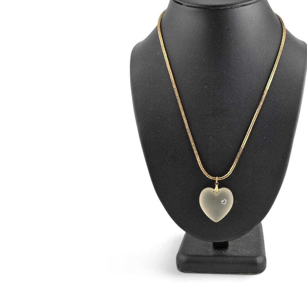 Vintage Frosted Heart Pendant Necklace Rhinestone Gold Tone Snake Chain 18.5"